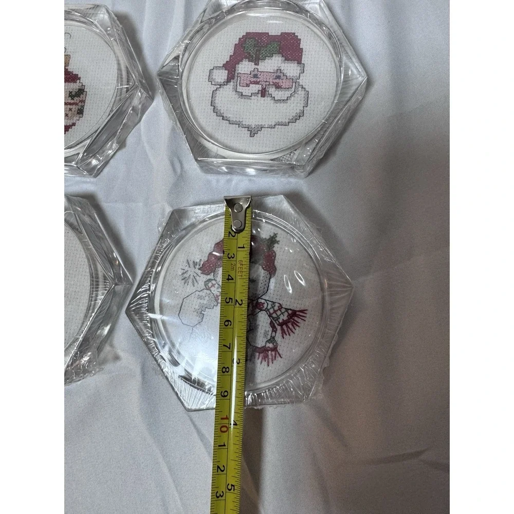 Set of 4 Clear Acrylic Hexagon Christmas Coasters Counted Cross Stitch Vtg New
